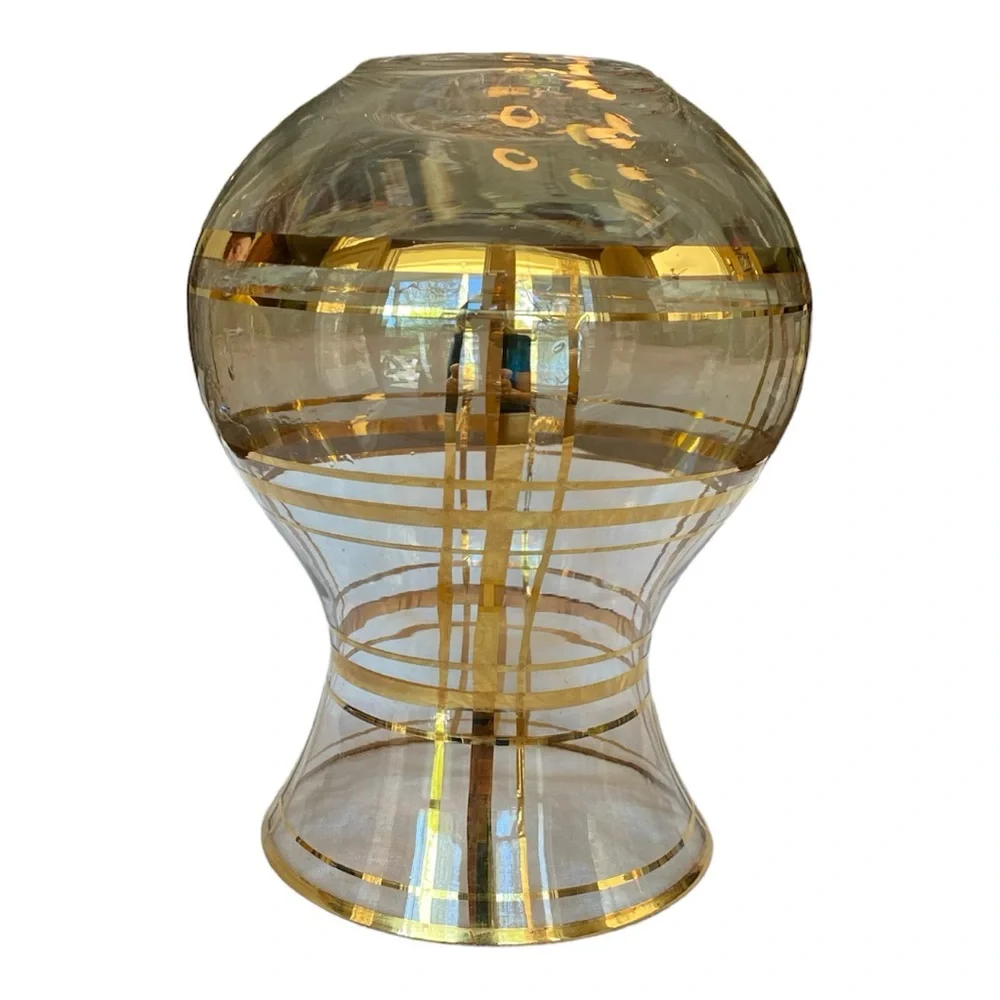 Vintage Mid Century Clear Glass Vase Hand Painted Gold Plaid Striped Grid MCM